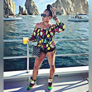 Tabitha Brown Off the Shoulder Lemon Print Top